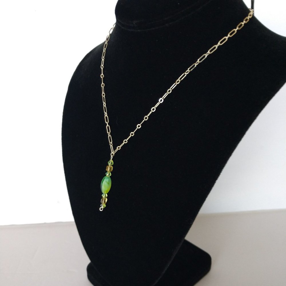 Handmade Necklace With Green Lampwork Bead and Silver Toned Chain 16.25 Inches